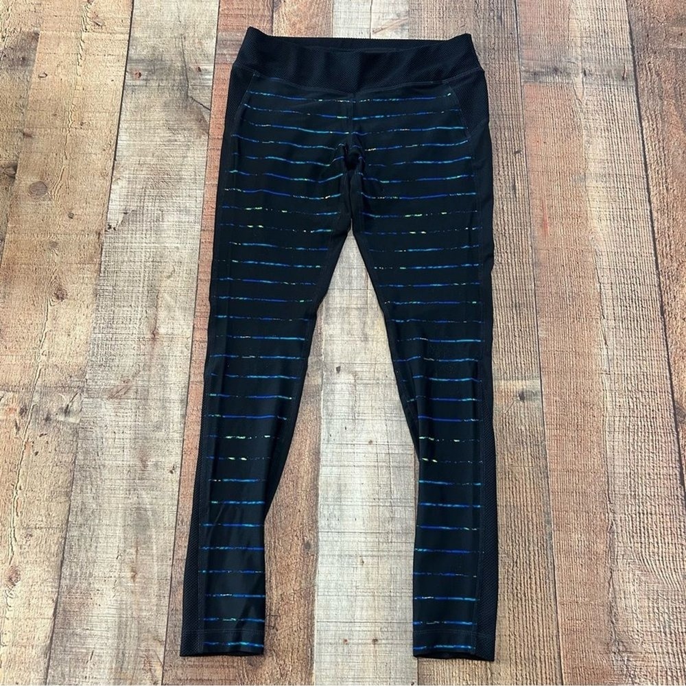 Athleta XS Black Leggings Mesh Waist Holographic Stripe Detail Workout Gym
